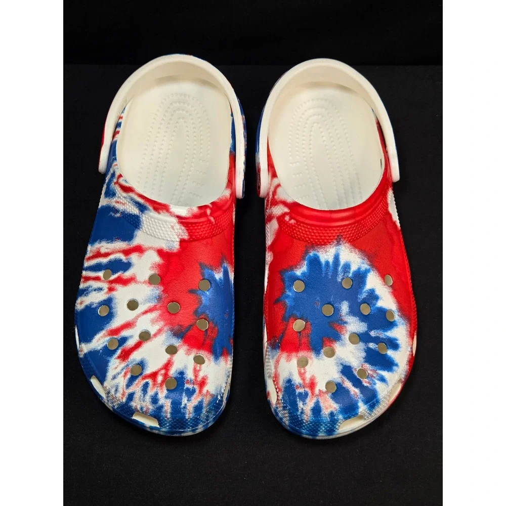 Crocs Classic Tie Dye Clog Mens‎ 12 Red White Blue Patriotic Slip On Shoes